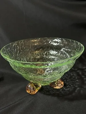 Buy Unique Vintage Green Decorative Bowl Crackle Glass With Orange Tantacles Feet • 45£