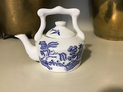 Buy Pretty Coalport Blue And White Willow Minature  Dolls Teapot With Gold Leaf Trim • 14.99£