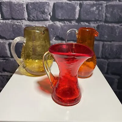 Buy Three Vintage Art Glass Mini Pitchers / Jugs / Jar In Crackle Glass Finish, VGC. • 18£