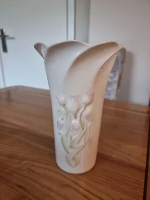 Buy Vintage Belleek Fluted Pink Tulip Vase 19cm Porcelain Ireland With Stamp On Back • 10£