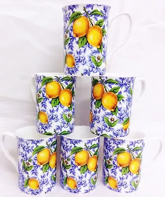 Buy Italian Lemons Mugs Set 6 Fine Bone China Yellow Blue Castle Cups Decorated UK • 29.90£