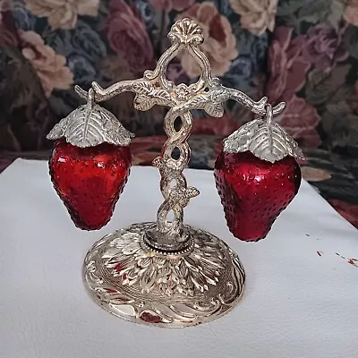 Buy Vintage Raimond Ruby Red Glass Strawberry Salt & Pepper Silver Plate With Stand • 158.52£