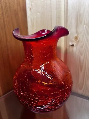 Buy Red Glass Crackle Vase Glows Around The Rim • 36.05£