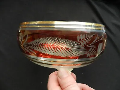 Buy Vintage Retro 1950's Cranberry Engraved Cut To Clear Etched Footed Bowl - 28.5cm • 7.99£