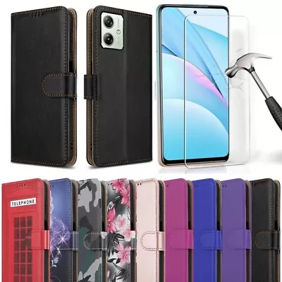 Buy For Motorola Moto G54 Case, Leather Wallet Flip Stand Phone Cover + Screen Glass • 6.45£