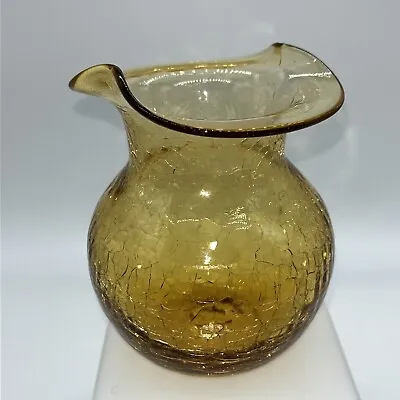 Buy Vintage Handblown Amber Honey Gold Crackle Art Glass Vase Ruffle Edge 4.75” • 14.25£