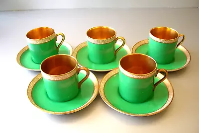 Buy Crown Devon Fieldings - 5 Demi Tasse Cups & Saucers Deep Green / Gilt Interiors • 30£