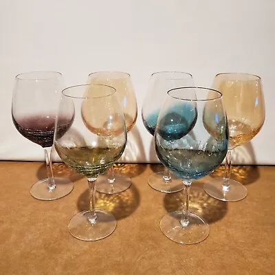Buy Six Pier 1 Crackle Glass Handblown Balloon Wine Glasses Teal Amber Green Purple • 120.64£