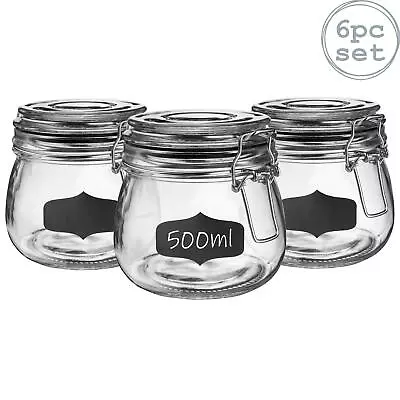 Buy 6x Glass Storage Jars & Labels Vintage Food Container 500ml Black Seal • 15£