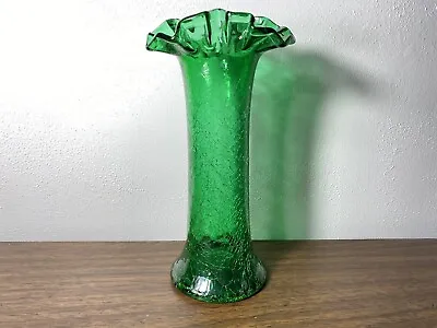 Buy Vintage Emerald Green Hand Blown Ruffle Top Crackle Glass Vase 12” Tall • 52.83£