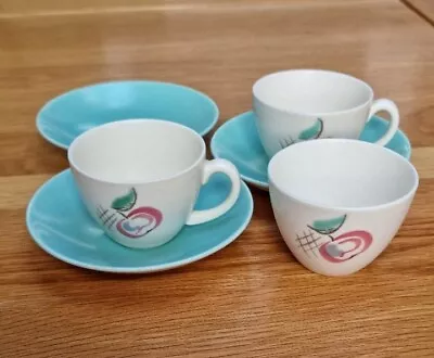 Buy Poole Pottery 2 Cups 3 Saucers Sugar Bowl Twin Tone Ice Blue Cream Red Pippin YU • 14.99£