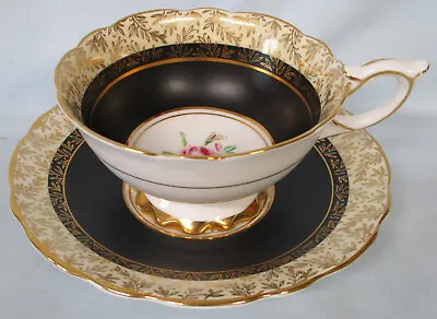 Buy Royal Stafford Floral Matte Black & Gold Tea Cup & Saucer • 35£