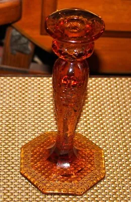 Buy Antique Glass Candlestick Holder Amber Color Gold Inlay Raised Floral Designs • 31.30£