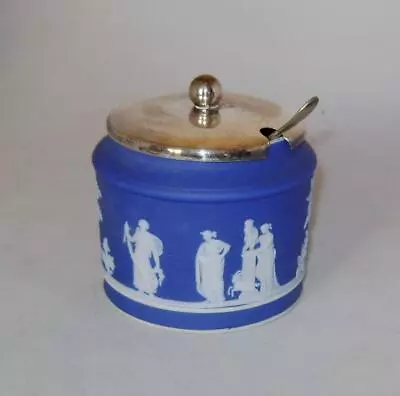 Buy Antique Wedgwood Jasperware Sugar / Jam Jar:  Blue Dipped With Silver Plated Lid • 15£