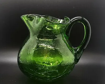 Buy Vintage Emerald Transparent Green Crackle Glass Pitcher Vase • 38.61£