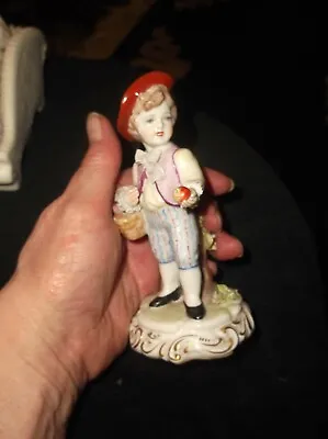 Buy Vintage Gilded  Capodimonte China Figure Boy + Basket Of Apples Lace Tie 5.25  • 20£