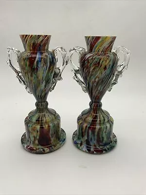 Buy Vintage Pair Trophy Vase Art Glass Franz Welz Spatter Czech Bohemian • 49.95£