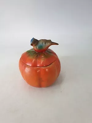 Buy Art Deco Pumpkin Shaped Orange Lidded Preserve Jam Pot Hand Painted Bird On Lid • 26.99£