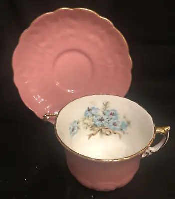 Buy Aynsley Fine Bone China Teacup & Saucer -Pink Cup W Gold Blue Flower-ENGLAND • 17.98£