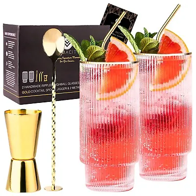 Buy Set Of 2 Ripple Highball  Glasses With Gold Rims And Gold Bar Accessories • 19.99£