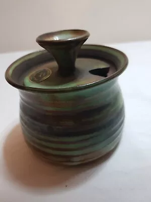 Buy Vintage Llangollen Pottery, Wales, Green & Brown Striped Glaze Jam/Sugar Pot • 12£