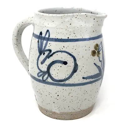 Buy Vintage Hand Built Studio Art Pottery Pitcher Speckled Salt Glazed Cobalt Bunny • 26.88£