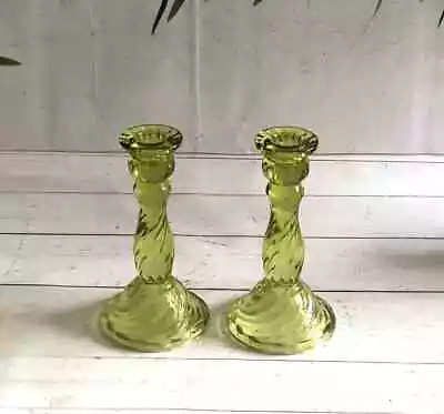 Buy 2 X Vintage Lime Green Twisted Glass Dinner Candle Candlestick Holder Set • 14.95£