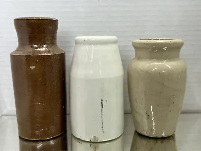 Buy (ED) Lot Of 3 Antique Stoneware Pottery Crock Jars Bottles Over 100 Yrs Old • 21.80£