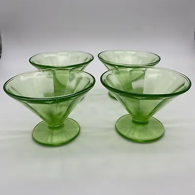 Buy Vintage Federal Uranium Green Glass Paneled Sherbet Sundae Cone Goblets Set Of 4 • 19.92£