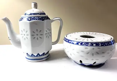 Buy Vintage Porcelain Blue And White Teapot W/ Tea Light Candleholder Set • 8.64£