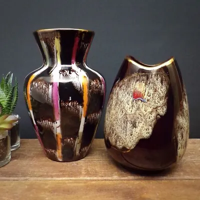 Buy Small West German Pottery Vase Set 2 Vintage Retro Ceramic Brown Jasba Used Flaw • 16£
