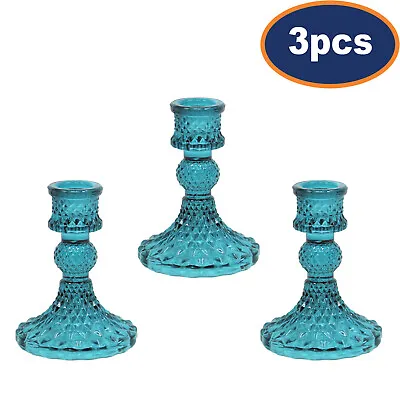 Buy 3Pcs Teal Dinner Candle Holder Glass Vintage Taper Table Tabletop Party Décor • 11.95£