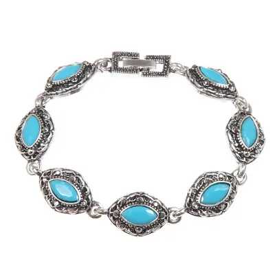 Buy Art Deco Inspired Marcasite Style Crystal Blue Opalescent Opal Glass BRACELET • 8.99£