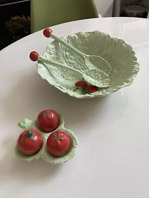 Buy Vintage Carlton Ware Lettuce Leaf Salad Bowl With Tomatoes + Two Spoons + Cruet • 28£