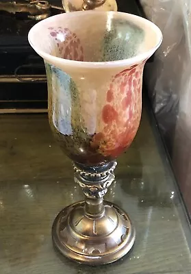 Buy Studio Art Glass Goblet Red & Green Drip On Neutral, Antique Style Brass Stem • 8.99£