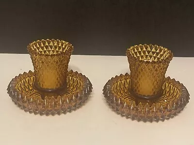 Buy Set Of 2 Vintage Amber Diamond Cut Glass Candle Holder With Votive Cups • 17.09£