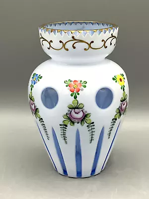 Buy Bohemian Flash Cut Glass Vase Hand Painted Milk Glass Over Pale Blue • 118.59£
