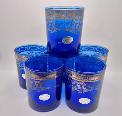 Buy Vtg Cobalt Blue Pure Platinum Blown Crystal Hand Decorated Italy Glass Set Of 6 • 67.23£