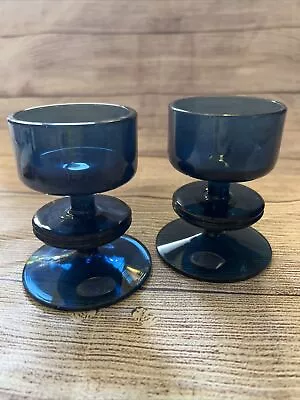 Buy SHERINGHAM WEDGWOOD Glass Pair Blue Candlestick Holders Stennett-Wilson Votive • 215.77£
