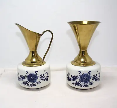 Buy VTG Pair Delftware Vase White Blue Ceramic Brass Top Made Holland #2212 #2204 • 24.61£
