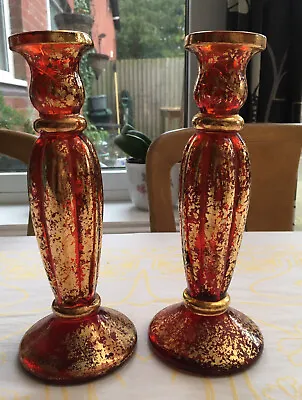 Buy Italian Red Glass 24k Gold Overlay Handcrafted Candlesticks Pair ( 9 “ H) • 50£