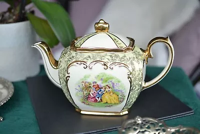 Buy Vintage Sadler Cube Large Teapot Green Gold Gilt Romantic Garden Crinoline Lady • 37.95£