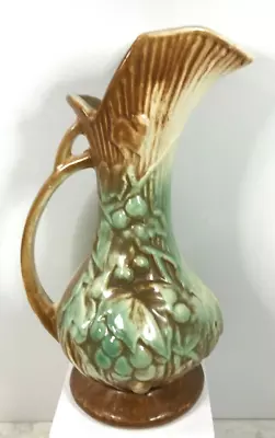 Buy Vintage McCoy Pottery Art Vase Or Pitcher Green & Brown Raised Grape & Leaf 9  • 28.82£