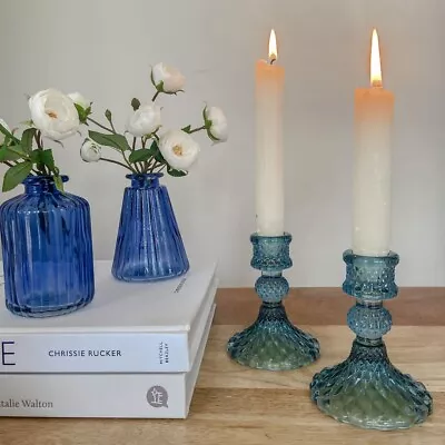 Buy Blue Coloured Glass Candlestick Holder - Wedding Table Decorations, Home & Gifts • 10£