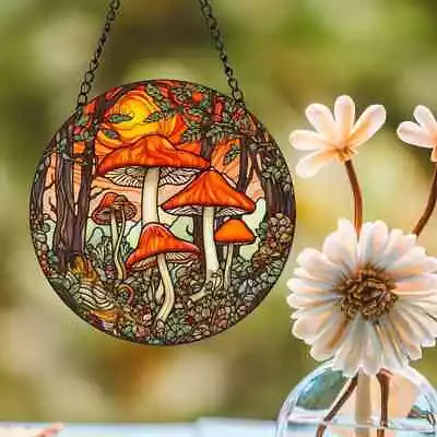 Buy Mushroom Round Sun Catcher Stained Glass Effect Painted Hanging Decor 15 Cm • 8.54£