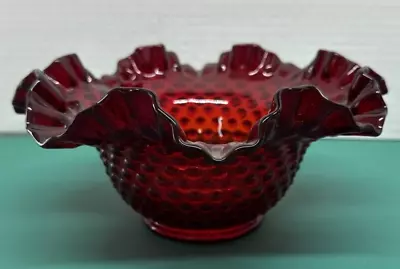 Buy Vintage Fenton Signed Hobnail Ruby Red Bowl Ruffled Crimped Edge 9.25  • 18.47£