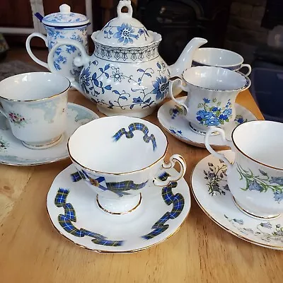Buy Vintage Tea Cups, Saucers & Tea Pot Blue & White Sets England Adderley + Lot AL • 31.25£
