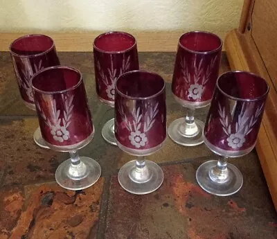 Buy Set Of 6 Vintage Cranberry Red Glasses For Sherry, Port, Liqueur Good Condition. • 9.99£