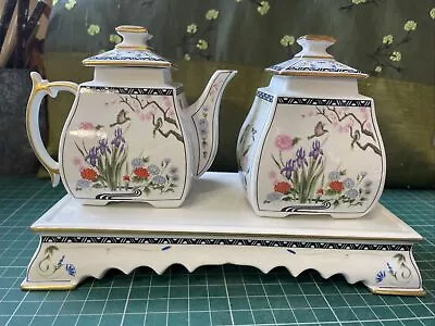 Buy 1989 Franklin Mint Porcelain Miniature Teapot Creamer, Lidded Sugar Bowl & Stand • 45£