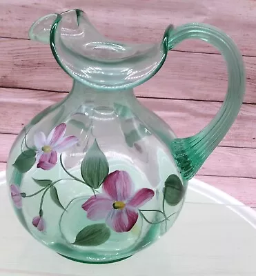 Buy Vintage FENTON Hand Painted Vining Garden Sea Mist Green Pitcher Vase Signed  7  • 52.10£